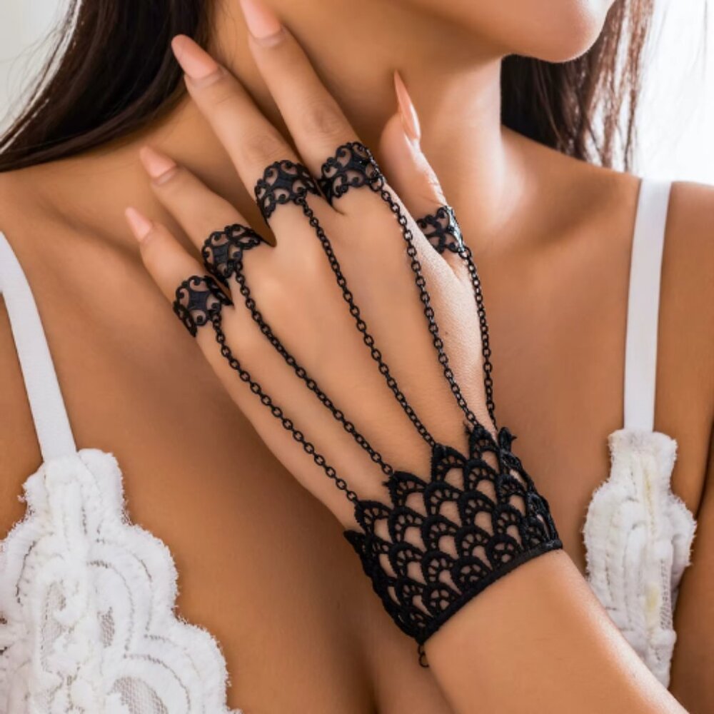 Black Lace Bracelet with Finger Chain Link Rings